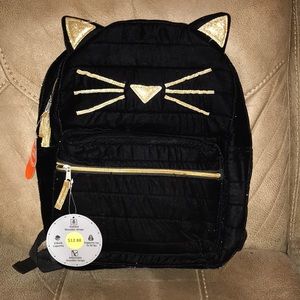Black velvet with glitter backpack. Cat outline